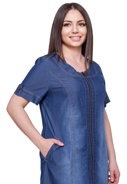 Φόρεμα Denim Σκούρο Μπλε - Επίσημο Με Τσέπες - Στρογγυλή Λαιμόκοψη - Άνοιξη-Καλοκαίρι