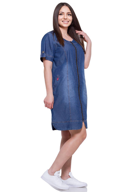 Φόρεμα Denim Σκούρο Μπλε - Επίσημο Με Τσέπες - Στρογγυλή Λαιμόκοψη - Άνοιξη-Καλοκαίρι