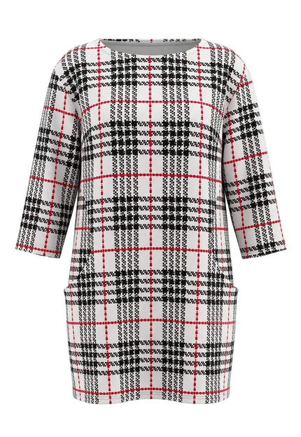 Μπροστινή όψη καρό τουνίκ σε λευκή βάση με μαύρο και κόκκινο σχέδιο, στρογγυλή λαιμόκοψη και μανίκια τριών τετάρτων.
