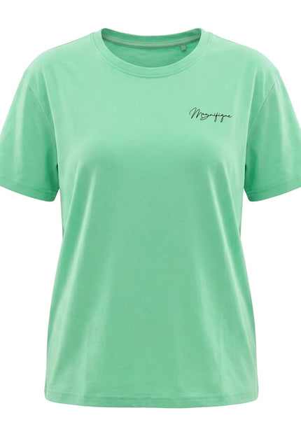 Βαμβακερό γυναικείο t-shirt μεγάλα μεγέθη σε χρώμα μέντας, με κοντά μανίκια και διακριτική στάμπα Magnifique. Μπροστινή όψη σε λευκό φόντο.