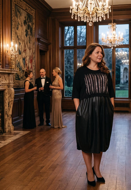 Ολόσωμη λήψη με μαύρο βραδινό μίντι φόρεμα σε μεγάλα μεγέθη, με γυαλιστερές ρίγες στο επάνω μέρος και φούστα με δερμάτινη όψη, σε επίσημη εκδήλωση.