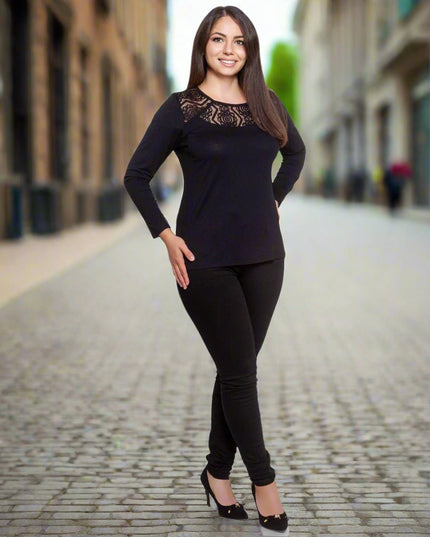 XL-6XL Μαύρη Δαντελένια Μπλούζα - Επίσημη Εμφάνιση - Φθινόπωρο-Χειμώνας