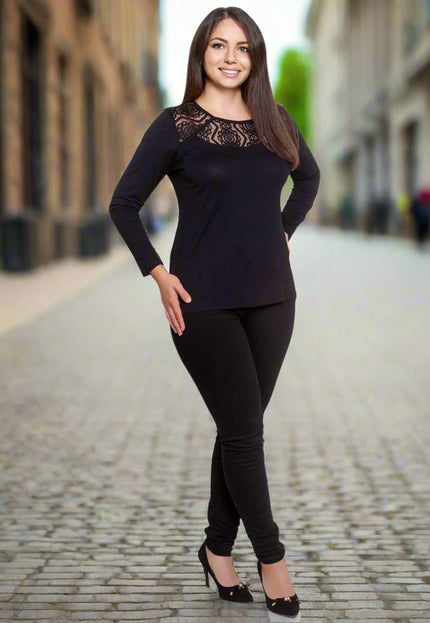 XL-6XL Μαύρη Δαντελένια Μπλούζα - Επίσημη Εμφάνιση - Φθινόπωρο-Χειμώνας