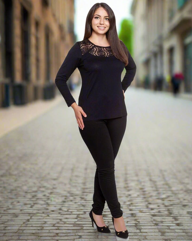 XL-6XL Μαύρη Δαντελένια Μπλούζα - Επίσημη Εμφάνιση - Φθινόπωρο-Χειμώνας